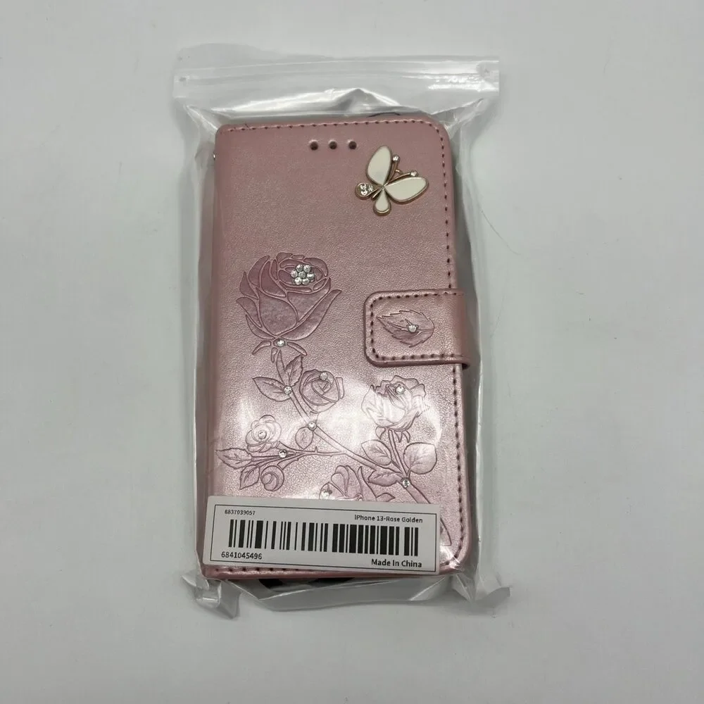 IPhone 13 Case Wallet Pink Bling Butterflies Magnetic Clasp